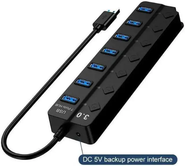 Alt view image 7 of 7 - USB 3.0 Hub, DEFEILIN 7 Port Powered USB Hub Expander Aluminum USB 3.0 Data Port hub with Universal 5V AC Adapter and Individual On/Off Switches USB Splitter for Laptop and PC(Black)