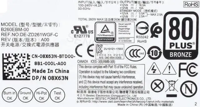 Alt view image 3 of 5 - New For Dell OptiPlex 7060 5060 3060 PC Power Supply L260AM-00 AC260AM-00 H260EBM-00 B260EBM-00 L260EBM 6pin Power Supply