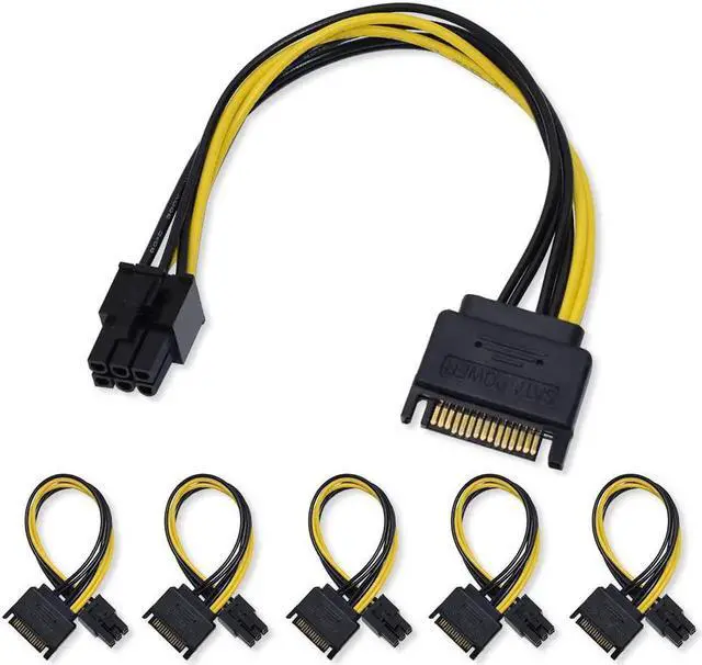 Main image of SATA Power Cable 15 Pin Male to 6 Pin PCIe Graphic Video Card Express Extension Power Cable Adapter - 8 Inch (6 Pack)