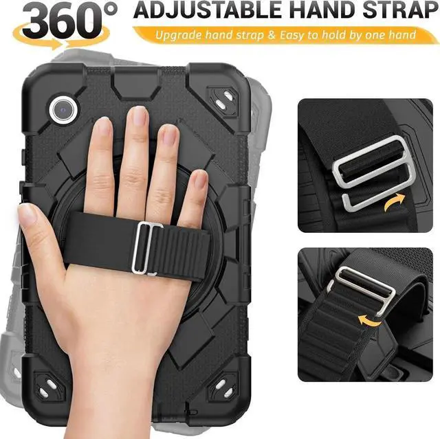 Alt view image 4 of 7 - Case for Galaxy Tab A9 Case 8.7 Inch with Screen Protector/Adjustable Hand Strap/Pen Holder/Rotating Stand, [3-Layer Drop Poof] A9 Tablet Case 2023 SM-X110/X115/X117 - Black