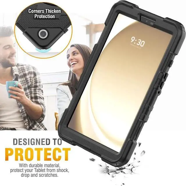 Alt view image 7 of 7 - Case for Galaxy Tab A9 Case 8.7 Inch with Screen Protector/Adjustable Hand Strap/Pen Holder/Rotating Stand, [3-Layer Drop Poof] A9 Tablet Case 2023 SM-X110/X115/X117 - Black