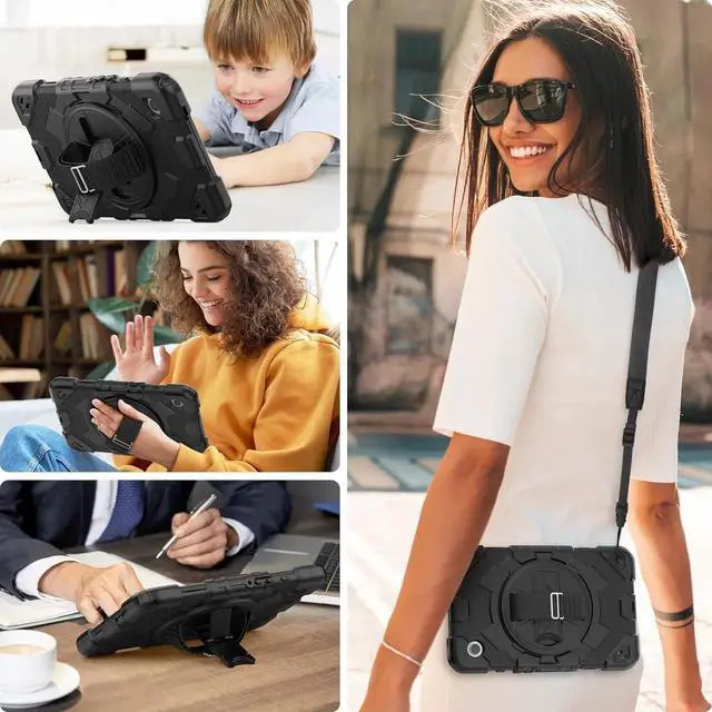 Alt view image 6 of 7 - Case for Galaxy Tab A9 Case 8.7 Inch with Screen Protector/Adjustable Hand Strap/Pen Holder/Rotating Stand, [3-Layer Drop Poof] A9 Tablet Case 2023 SM-X110/X115/X117 - Black