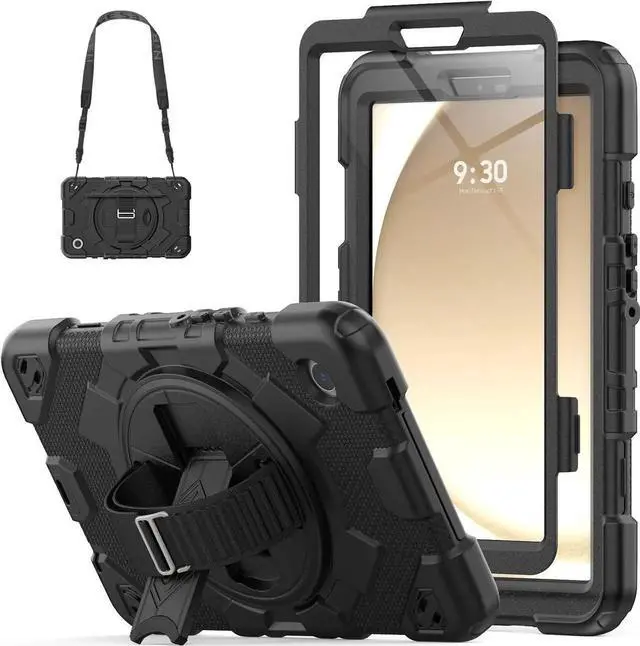 Main image of Case for Galaxy Tab A9 Case 8.7 Inch with Screen Protector/Adjustable Hand Strap/Pen Holder/Rotating Stand, [3-Layer Drop Poof] A9 Tablet Case 2023 SM-X110/X115/X117 - Black