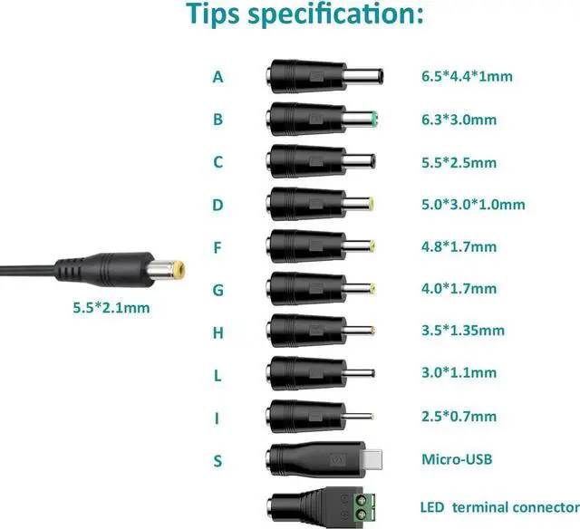 Alt view image 7 of 7 - Basicvolt Universal Power Supply 5V 6V 7.5V 9V 12V 13.5V 15V 3A 2.5A AC DC Power Adapter 45W Wall Charger with 5V 2A USB Plug for Electronics 2.5A 2500mA 3000mA 3Amp Max with 12pcs Adaptor Tips - OEM