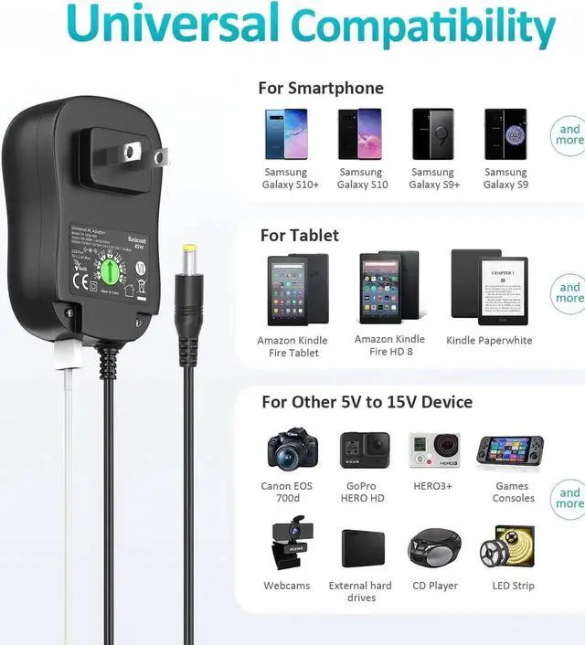 Alt view image 5 of 7 - Basicvolt Universal Power Supply 5V 6V 7.5V 9V 12V 13.5V 15V 3A 2.5A AC DC Power Adapter 45W Wall Charger with 5V 2A USB Plug for Electronics 2.5A 2500mA 3000mA 3Amp Max with 12pcs Adaptor Tips - OEM