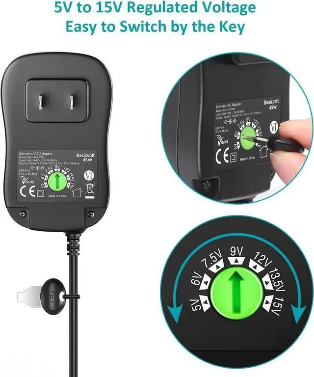 Main image of Basicvolt Universal Power Supply 5V 6V 7.5V 9V 12V 13.5V 15V 3A 2.5A AC DC Power Adapter 45W Wall Charger with 5V 2A USB Plug for Electronics 2.5A 2500mA 3000mA 3Amp Max with 12pcs Adaptor Tips - OEM