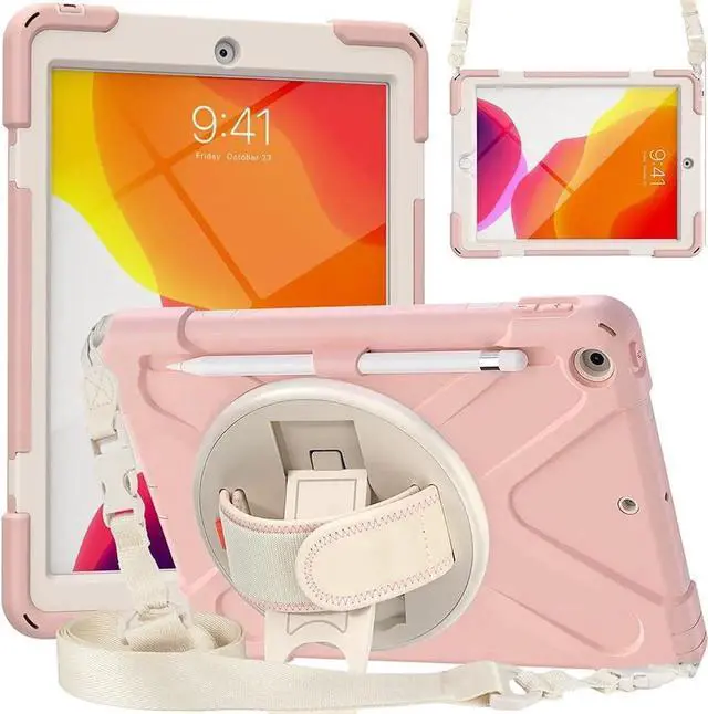 Main image of JAENFONG iPad 9th Generation Case, iPad 8th/7th Generation 10.2 Case with Pencil Holder Kickstand Hand Strap and Shoulder Strap Rugged Case for iPad 10.2 inch 2021/2020/2019, Sakura Pink