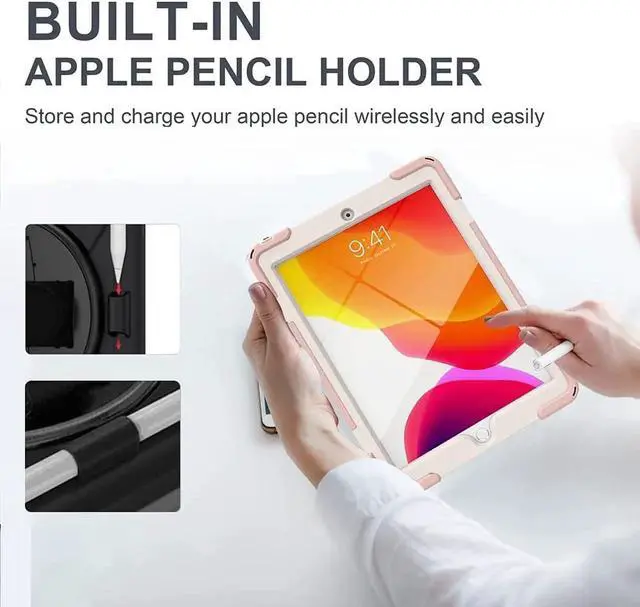 Alt view image 3 of 7 - JAENFONG iPad 9th Generation Case, iPad 8th/7th Generation 10.2 Case with Pencil Holder Kickstand Hand Strap and Shoulder Strap Rugged Case for iPad 10.2 inch 2021/2020/2019, Sakura Pink