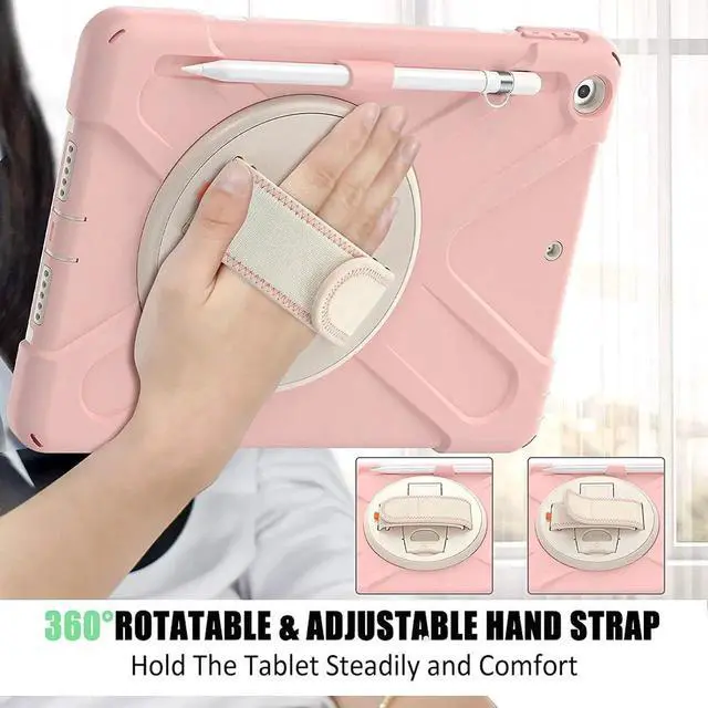 Alt view image 5 of 7 - JAENFONG iPad 9th Generation Case, iPad 8th/7th Generation 10.2 Case with Pencil Holder Kickstand Hand Strap and Shoulder Strap Rugged Case for iPad 10.2 inch 2021/2020/2019, Sakura Pink