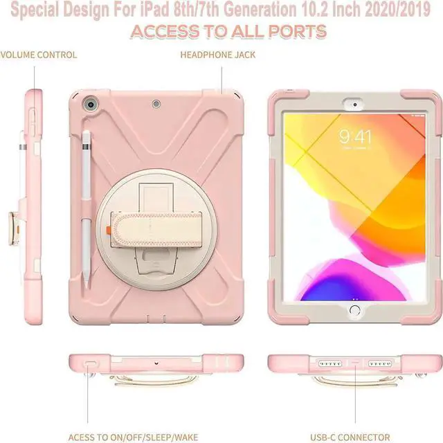 Alt view image 6 of 7 - JAENFONG iPad 9th Generation Case, iPad 8th/7th Generation 10.2 Case with Pencil Holder Kickstand Hand Strap and Shoulder Strap Rugged Case for iPad 10.2 inch 2021/2020/2019, Sakura Pink