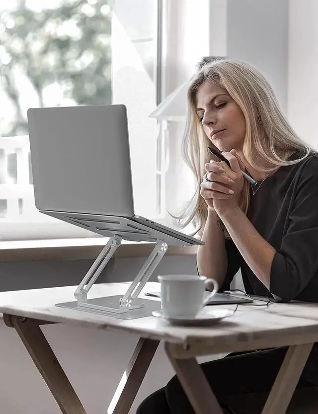 Alt view image 5 of 7 - JAENFONG Adjustable Laptop Stand with 360° Rotating Heavy Base, Ergonomic Laptop Riser for Desk, Stable Laptop Holder for Collaborative Working, Suit for 10-15.6" PC Computer, Dual Shaft, Silver