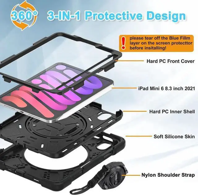 Alt view image 2 of 7 - JAENFONG Case for iPad Mini 7 A17 Pro Case iPad Mini 7th/6th Generation Case 2024/2021 8.3" with Screen Protector Pen Holder Rotating Hand Strap Stand Shockproof iPad Mini 7/6 Case Kids - Black