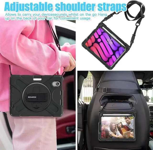 Alt view image 4 of 7 - JAENFONG Case for iPad Mini 7 A17 Pro Case iPad Mini 7th/6th Generation Case 2024/2021 8.3" with Screen Protector Pen Holder Rotating Hand Strap Stand Shockproof iPad Mini 7/6 Case Kids - Black