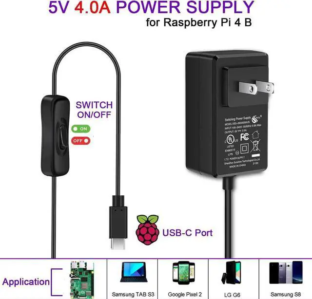 Main image of JAENFONG [20W 5V 4.0A] Raspberry Pi 4 Power Supply, iUniker 20W USB C Power Supply with ON/Off Switch 5 V 4 A Raspberry Pi Power Supply for Raspberry Pi 4 Model B 8GB/4GB/2GB/1GB (UL Listed) - OEM