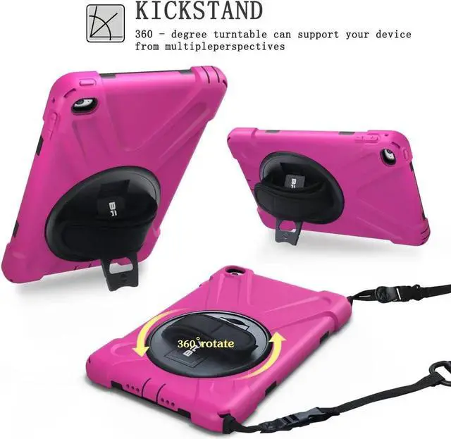 Alt view image 3 of 7 - iPad Mini4 Shockpoof Case,Three Layer Drop Protection Rugged Protective Heavy Duty iPad Mini5 Case With 360 Degree Swivel Stand,Hand Strap and Shoulder Strap For iPad Mini 5 & 4 Case (Rose Red)