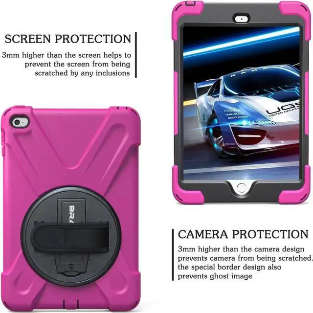 Alt view image 2 of 7 - iPad Mini4 Shockpoof Case,Three Layer Drop Protection Rugged Protective Heavy Duty iPad Mini5 Case With 360 Degree Swivel Stand,Hand Strap and Shoulder Strap For iPad Mini 5 & 4 Case (Rose Red)