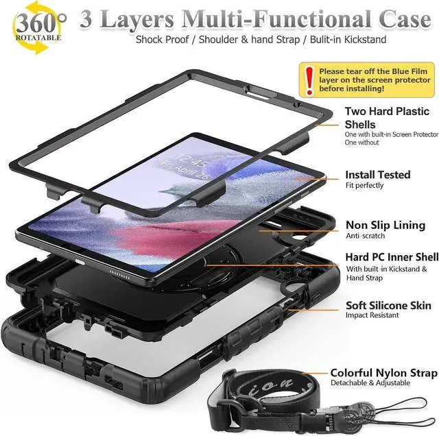 Alt view image 2 of 6 - JAENFONG Case for Galaxy Tab A7 Lite 8.7'' with Screen Protector Pencil Holder [360 Rotating Hand Strap] &Stand, Drop-Proof Case for A7 Lite 2021 SM-T220/T225/T227, Blue/Black