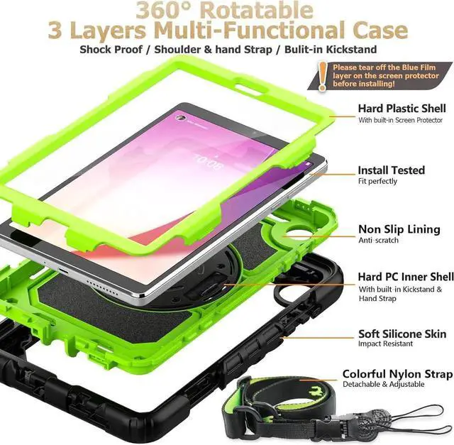 Alt view image 6 of 7 - JAENFONG for Tab M8 (4th Gen) 8 inch Case 2023 (TB-300FU/TB-300XU) with Screen Protector, 360° Rotate Stand&Strap, Pen Holder Drop-Proof Protection Case for Tab M8 4th (Green+Black)