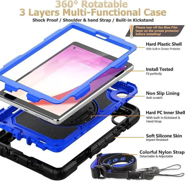 Alt view image 7 of 7 - JAENFONG for Tab M8 (4th Gen) 8 inch Case 2023 (TB-300FU/TB-300XU) with Screen Protector, 360° Rotate Stand&Strap, Pen Holder Drop-Proof Protection Case for Tab M8 4th (Blue+Black)
