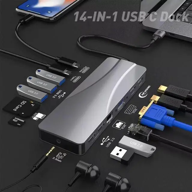 Alt view image 5 of 7 - USB C Docking Station Dual Monitor for De-ll/H-P/Len-ovo/Sur-face Laptop, 14 in 1 Triple Display Hub Multiple Adapter, Dongle with 2 HDMI 4K+VGA+5 Port+100W PD Charger+Ethernet+SD/TF+Audio