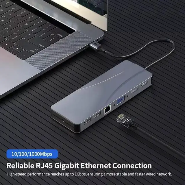 Alt view image 7 of 7 - USB C Docking Station Dual Monitor for De-ll/H-P/Len-ovo/Sur-face Laptop, 14 in 1 Triple Display Hub Multiple Adapter, Dongle with 2 HDMI 4K+VGA+5 Port+100W PD Charger+Ethernet+SD/TF+Audio