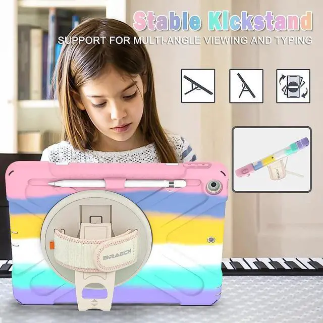 Alt view image 6 of 7 - JAENFONG iPad 10.2 Inch Case 2021/2020/2019, Three Layer Hybrid Kids Boys Girls Case with Shoulder Strap, Hand Strap, Stand, Screen Protector, Pencil Holder for Apple iPad 9th/8th/7th Gen -Sakura Pink