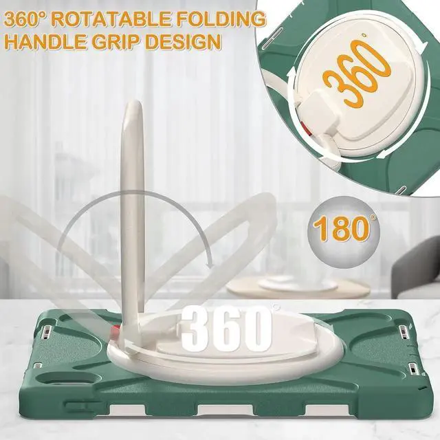 Alt view image 2 of 7 - Case for iPad 10th Generation 2022-Silicone Cover with Pencil Holder/Rotating Handle Grip/Stable Kickstand/Adjustable Shoulder Strap for iPad 10th Gen 10.9 Inch A2696 A2757 A2777, Emerald Green