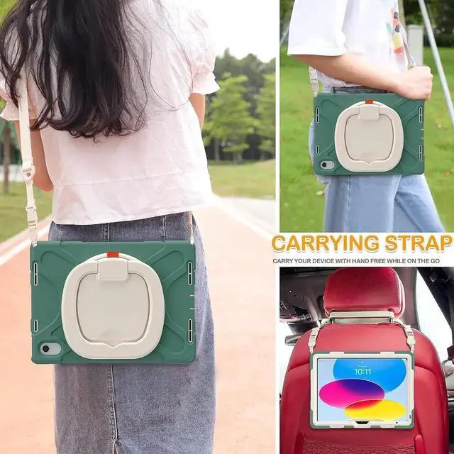 Alt view image 3 of 7 - Case for iPad 10th Generation 2022-Silicone Cover with Pencil Holder/Rotating Handle Grip/Stable Kickstand/Adjustable Shoulder Strap for iPad 10th Gen 10.9 Inch A2696 A2757 A2777, Emerald Green