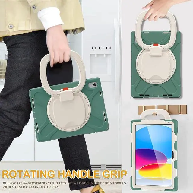 Alt view image 7 of 7 - Case for iPad 10th Generation 2022-Silicone Cover with Pencil Holder/Rotating Handle Grip/Stable Kickstand/Adjustable Shoulder Strap for iPad 10th Gen 10.9 Inch A2696 A2757 A2777, Emerald Green