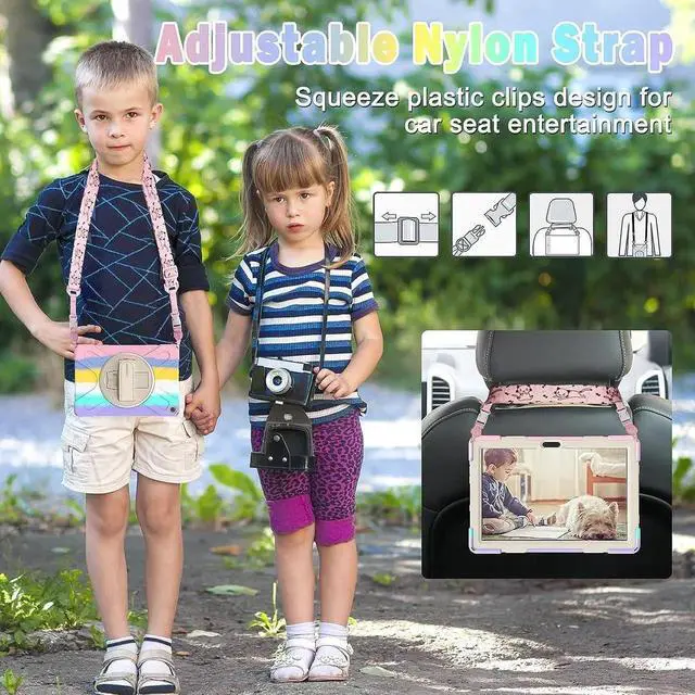 Alt view image 2 of 7 - JAENFONG Fire HD 10 2021 Release Case for Kids, Shockproof Heavy Duty Rugged Cover with Kickstand & Hand Strap and Shoulder Strap for Amazon Fire HD 10 Plus 11th Generation 2021 Release-Colorful Pink