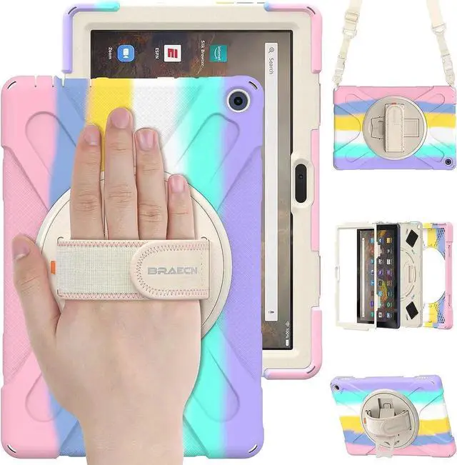 Alt view image 5 of 7 - JAENFONG Fire HD 10 2021 Release Case for Kids, Shockproof Heavy Duty Rugged Cover with Kickstand & Hand Strap and Shoulder Strap for Amazon Fire HD 10 Plus 11th Generation 2021 Release-Colorful Pink