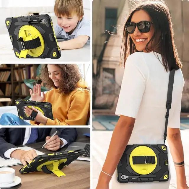 Alt view image 7 of 7 - JAENFONG Case for Galaxy Tab S9 FE 10.9/ S9 Case 11 with Screen Protector/Pen Holder/Hand Strap (SM-X510 X516B X518U X710 716B X718U) Heavy Duty S9 FE/S9 Tablet Case 11 - Yellow