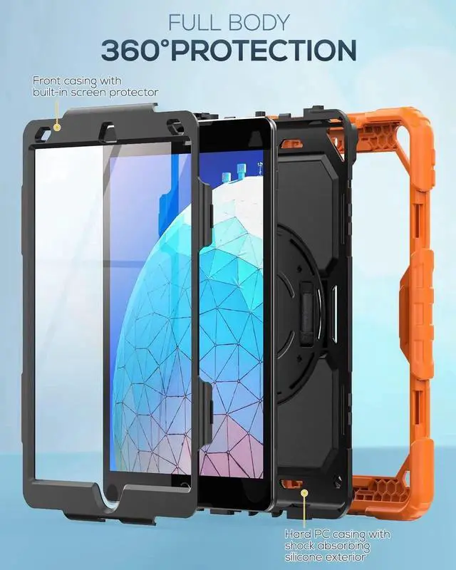 Alt view image 6 of 7 - JAENFONG iPad Air 3rd Generation Case 10.5 Inch iPad Pro 10.5 Case, Heavy Duty Full-Body Shockproof Protective Case with Screen Protector, Rotating Stand, Hand/Shoulder Strap for iPad Air 3, Orange