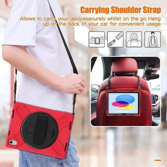 Alt view image 6 of 7 - JAENFONG iPad 10th Generation Case 10.9'' 2022 New Released, iPad 10th Generation 10.9 Rugged Shockproof Protective Case with Pencil Holder Kickstand Hand Strap and Shoulder Strap,Red