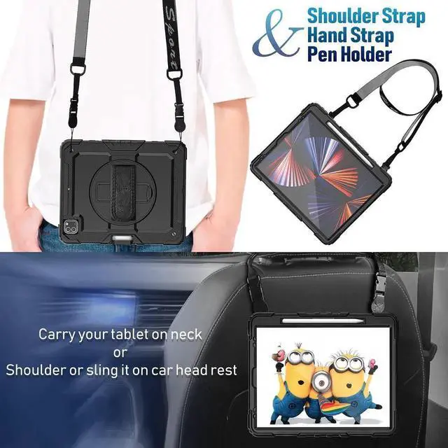 Alt view image 2 of 7 - JAENFONG iPad Pro 12.9 Case (iPad Pro 12.9 Inch 3rd/ 4th/ 5th/ 6th Generation Case): with Strong Protection, Screen Protector, Hand Strap, Shoulder Strap, Rotating Stand, Pencil Holder - Black