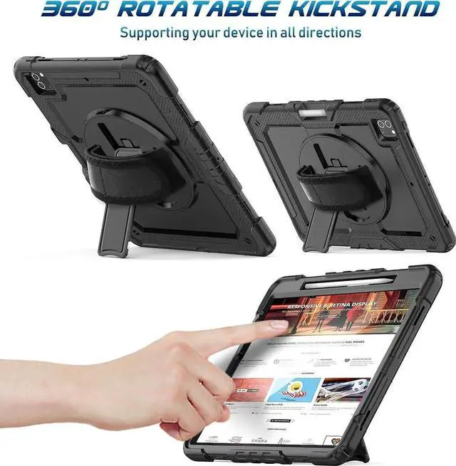 Alt view image 4 of 7 - JAENFONG iPad Pro 12.9 Case (iPad Pro 12.9 Inch 3rd/ 4th/ 5th/ 6th Generation Case): with Strong Protection, Screen Protector, Hand Strap, Shoulder Strap, Rotating Stand, Pencil Holder - Black