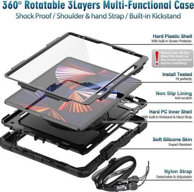 Main image of JAENFONG iPad Pro 12.9 Case (iPad Pro 12.9 Inch 3rd/ 4th/ 5th/ 6th Generation Case): with Strong Protection, Screen Protector, Hand Strap, Shoulder Strap, Rotating Stand, Pencil Holder - Black