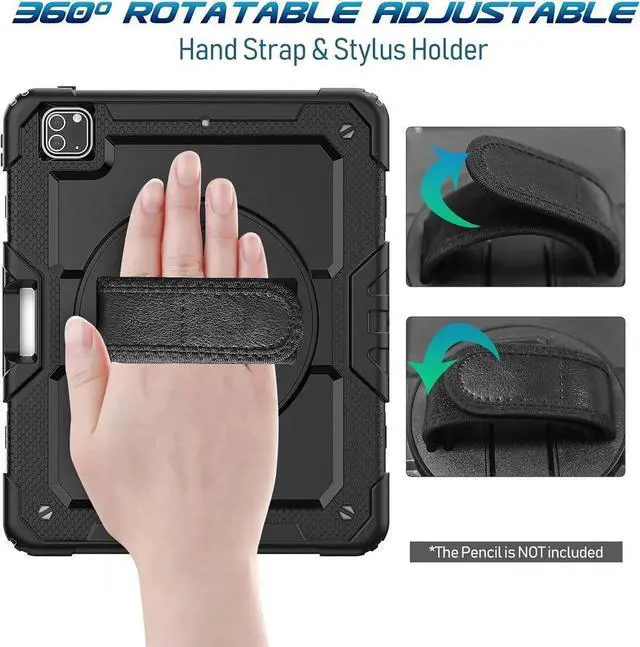 Alt view image 7 of 7 - JAENFONG iPad Pro 12.9 Case (iPad Pro 12.9 Inch 3rd/ 4th/ 5th/ 6th Generation Case): with Strong Protection, Screen Protector, Hand Strap, Shoulder Strap, Rotating Stand, Pencil Holder - Black