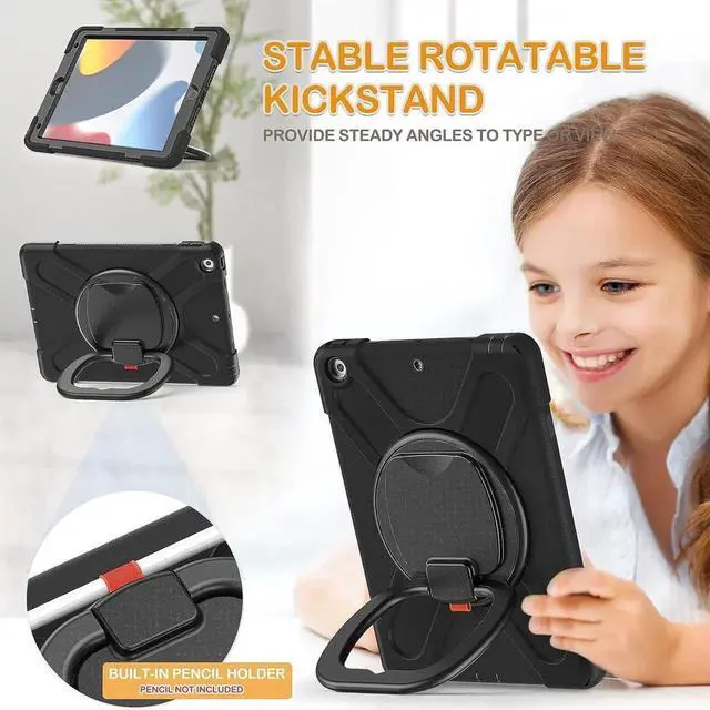 Alt view image 7 of 7 - iPad 9th Generation Case New 2021 10.2 Inch Hybrid Rugged Shockproof Silicone Cover with Kickstand, Pencil Holder, Handle Grip and Shoulder Strap, Compatible with iPad 9th/8th/7th Gen, Black