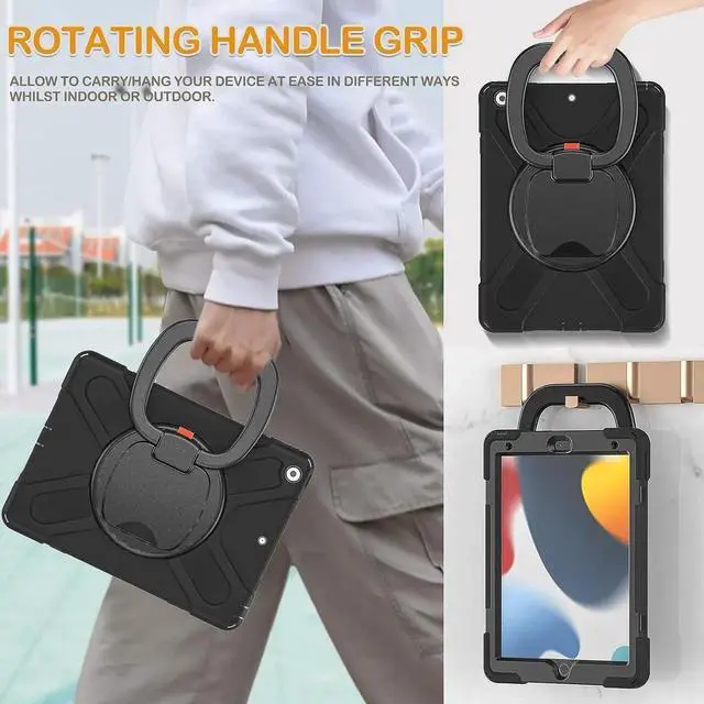 Alt view image 6 of 7 - iPad 9th Generation Case New 2021 10.2 Inch Hybrid Rugged Shockproof Silicone Cover with Kickstand, Pencil Holder, Handle Grip and Shoulder Strap, Compatible with iPad 9th/8th/7th Gen, Black