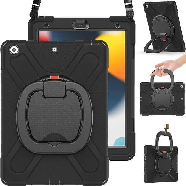 Alt view image 5 of 7 - iPad 9th Generation Case New 2021 10.2 Inch Hybrid Rugged Shockproof Silicone Cover with Kickstand, Pencil Holder, Handle Grip and Shoulder Strap, Compatible with iPad 9th/8th/7th Gen, Black