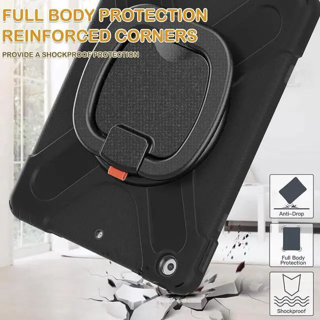 Alt view image 4 of 7 - iPad 9th Generation Case New 2021 10.2 Inch Hybrid Rugged Shockproof Silicone Cover with Kickstand, Pencil Holder, Handle Grip and Shoulder Strap, Compatible with iPad 9th/8th/7th Gen, Black