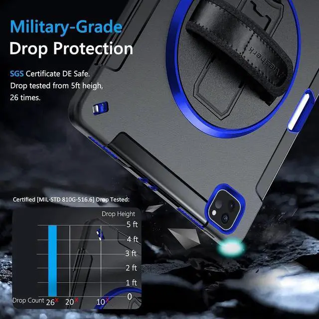 Alt view image 3 of 7 - JAENFONG Case for iPad Pro 12.9 2022/2021: Military Grade Heavy Duty Shockproof Cover for iPad Pro 12.9 Inch 6th/5th Generation- Pencil Holder - Rotating Stand - Hand/Shoulder Strap - Purple