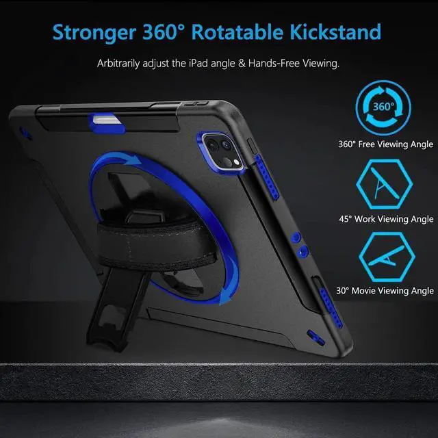 Alt view image 4 of 7 - JAENFONG Case for iPad Pro 12.9 2022/2021: Military Grade Heavy Duty Shockproof Cover for iPad Pro 12.9 Inch 6th/5th Generation- Pencil Holder - Rotating Stand - Hand/Shoulder Strap - Purple