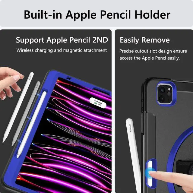 Alt view image 7 of 7 - JAENFONG Case for iPad Pro 12.9 2022/2021: Military Grade Heavy Duty Shockproof Cover for iPad Pro 12.9 Inch 6th/5th Generation- Pencil Holder - Rotating Stand - Hand/Shoulder Strap - Purple
