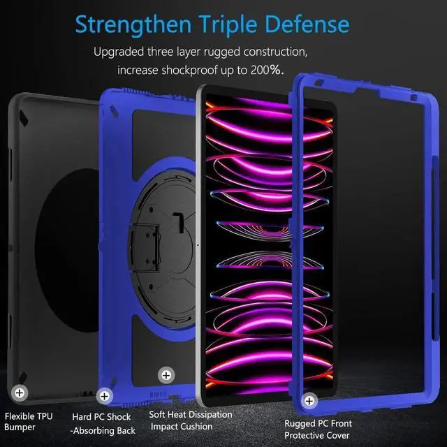 Alt view image 2 of 7 - JAENFONG Case for iPad Pro 12.9 2022/2021: Military Grade Heavy Duty Shockproof Cover for iPad Pro 12.9 Inch 6th/5th Generation- Pencil Holder - Rotating Stand - Hand/Shoulder Strap - Purple