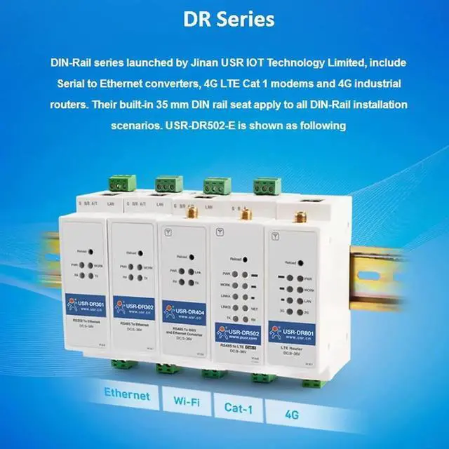 Alt view image 2 of 6 - USR-DR502-E 4G LTE Cat 1 Modem Wide Range Cost-Effective Support RS485 Serial Port Sim Card Slot Built-in 35 mm DIN Rail Seat with MQTT/SSL (No Power Adapter,RTU to TCP Version)