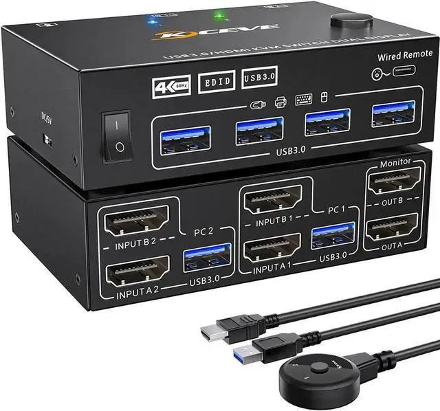 Main image of Dual Monitor KVM Switch 2 Port 4K@60Hz 2K@144Hz Simulation EDID,HDMI USB 3.0 Switch Extended Display 2 Monitors 2 Computers with HDMI and USB 3.0 Cables Wired Controller