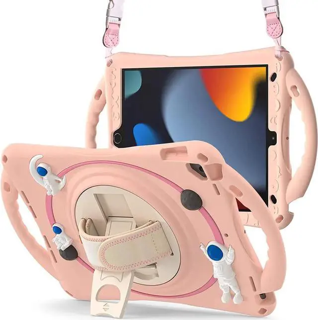 Alt view image 6 of 7 - JAENFONG Kids Case for iPad 9th 8th 7th Generation 10.2'' 2021 2020 2019/iPad Air 10.5 /Pro 10.5, Shockproof Rubber Case with Kickstand Shoulder Strap Hand Strap Handle Grip Pencil Holder, Pink