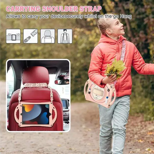 Alt view image 4 of 7 - JAENFONG Kids Case for iPad 9th 8th 7th Generation 10.2'' 2021 2020 2019/iPad Air 10.5 /Pro 10.5, Shockproof Rubber Case with Kickstand Shoulder Strap Hand Strap Handle Grip Pencil Holder, Pink